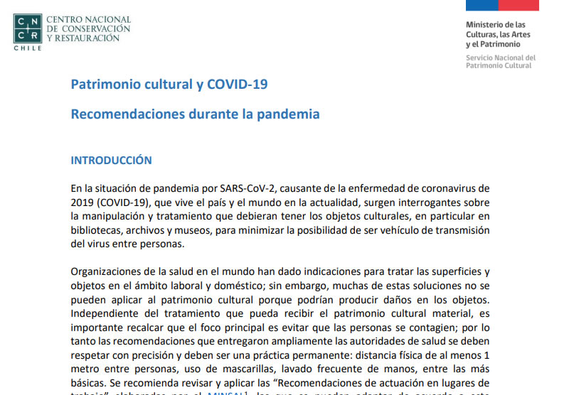 Documento: 'Patrimonio cultural y COVID-19. Recomendaciones durante la pandemia'